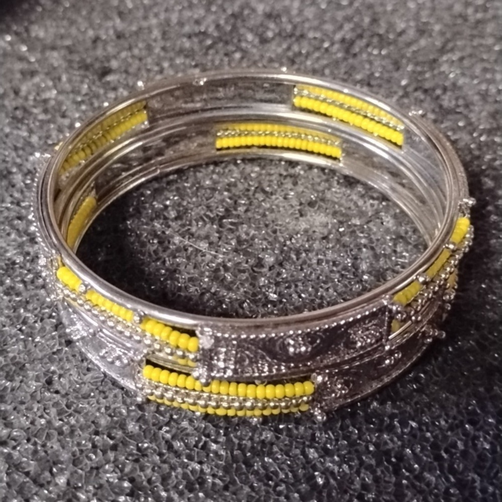 Silver Tone and Yellow Beaded Bangles - Picture 2 of 5
